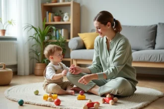 Jeune mère et son tout-petit jouant avec des jouets éducatifs en bois sur le sol d'un salon scandinave épuré