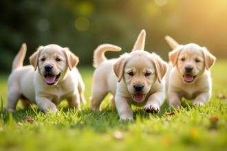 Jeunes chiots labrador jouant en extérieur en plein soleil