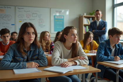 Groupe de lycéens en classe moderne avec professeur observant