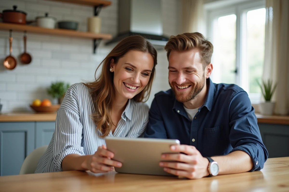 Jeunes parents consultant un guide parentalité sur tablette ensemble dans une cuisine moderne lumineuse
