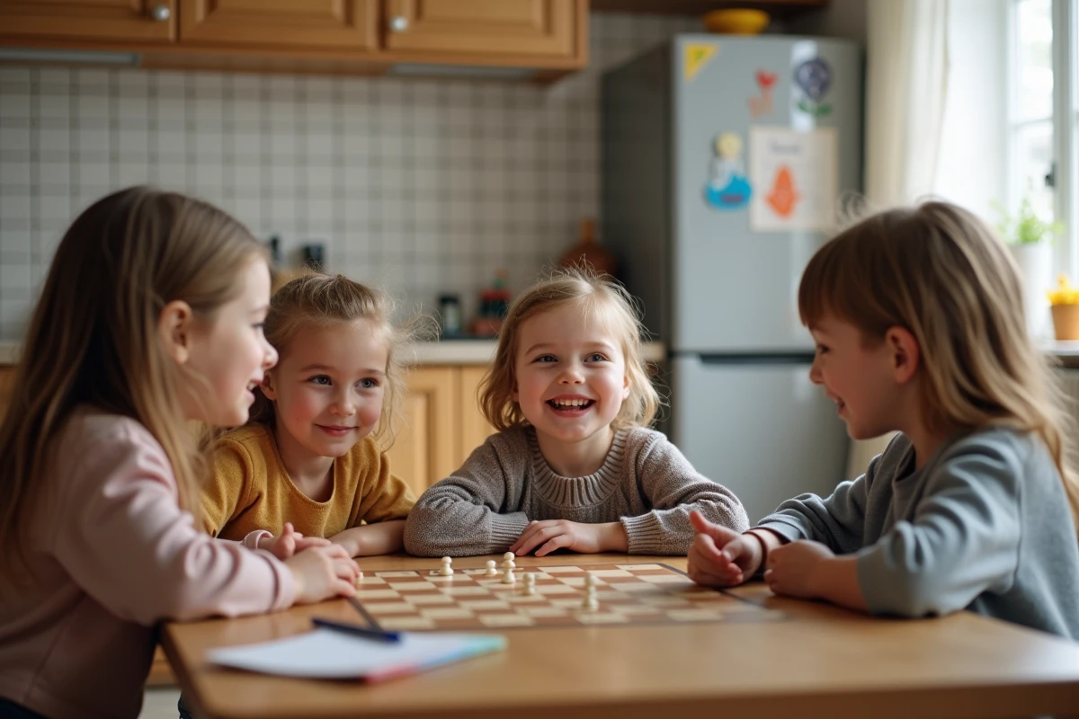 Fratrie jouant à un jeu de société avec une babysitter dans la cuisine