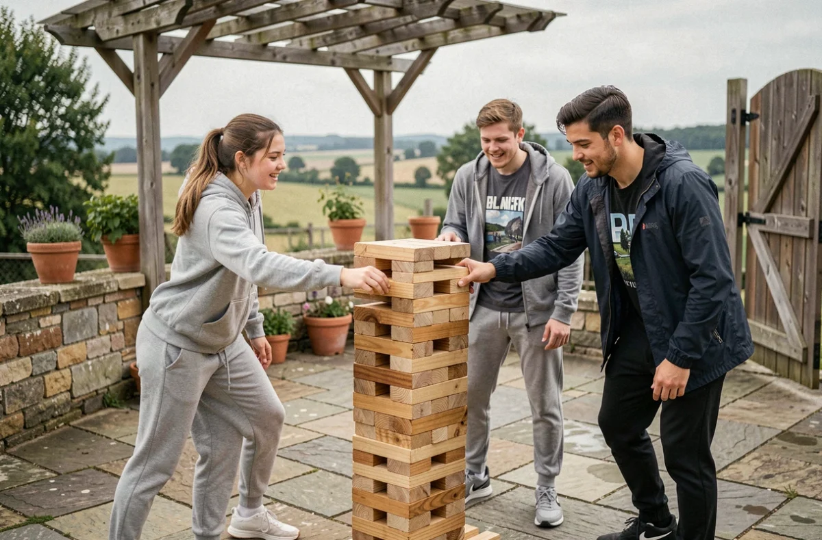 Jeune groupe d'amis jouant au Jenga géant sur une terrasse en plein air en Seine-et-Marne