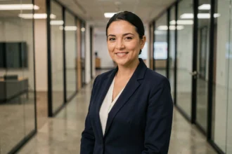 Journaliste femme en blazer marine dans les couloirs d'un studio de télévision, portrait éditorial professionnel