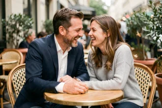 Frère et sœur jumeaux riant ensemble à une terrasse de café parisienne, évoquant la complicité et le soutien fraternel