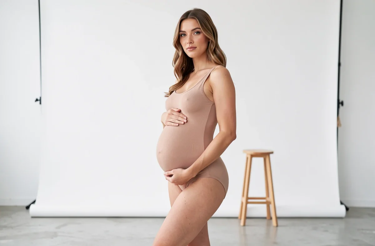 Kapturia studio photo de grossesse à Paris, femme enceinte en justaucorps dans un studio minimaliste blanc