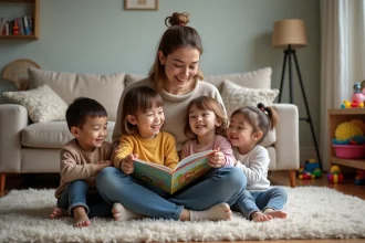 Jeune femme lisant un livre aux enfants dans le salon