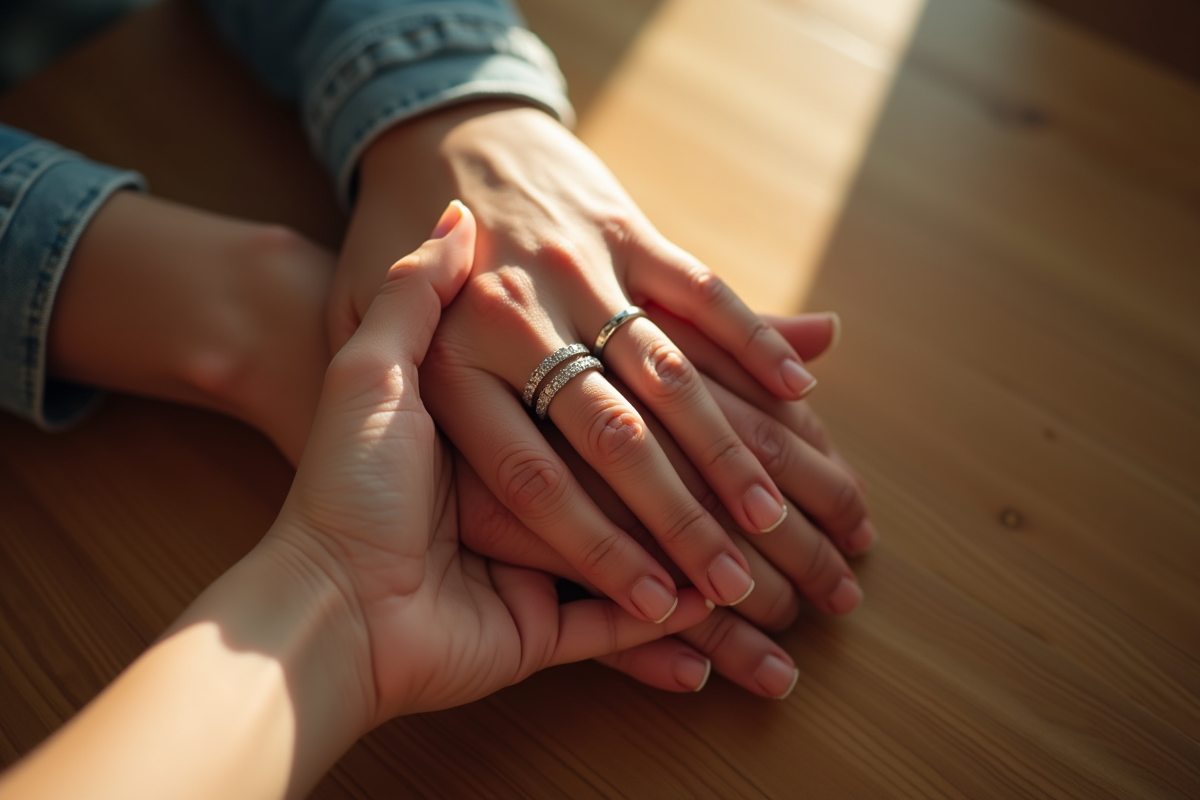 Mains entrelacees avec bagues de mariage sur une table en bois