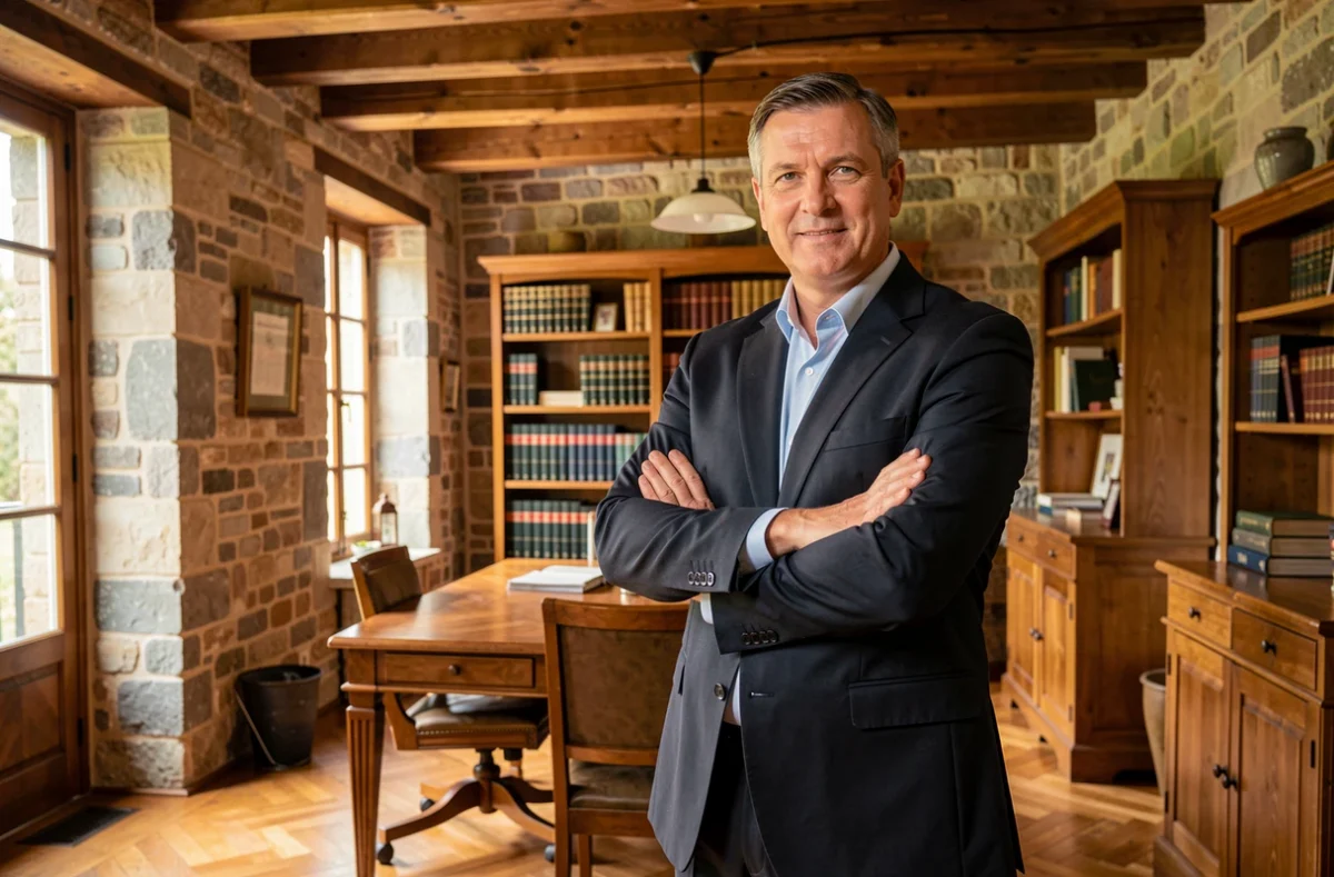 Portrait de Maître Olivier Vercellone, avocat en droit du divorce, dans un cabinet aux murs en pierre du sud de la France