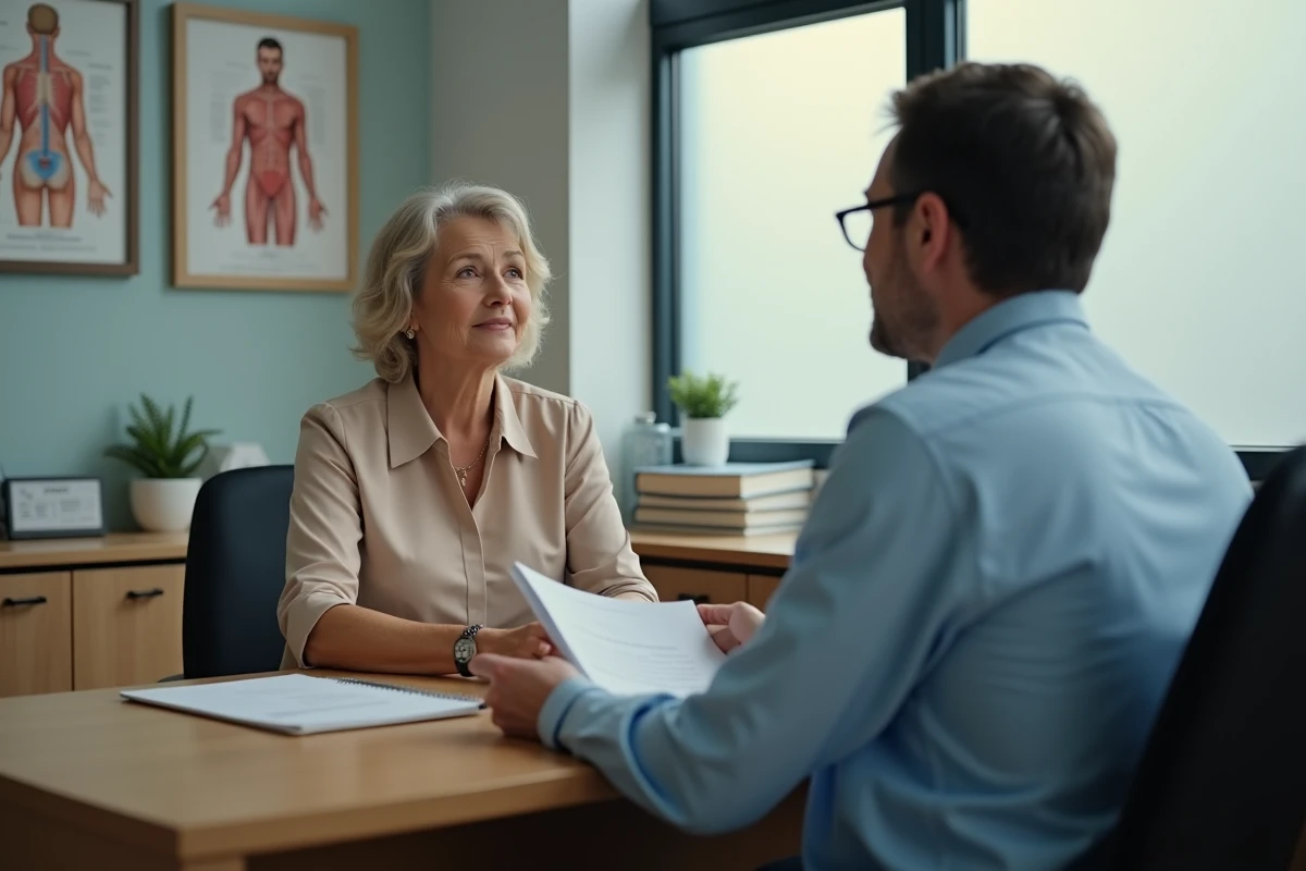 Femme en consultation médicale avec un médecin discutant d'un diagnostic, scène illustrant les questions de santé autour de la maladie d'André Louis Auzière