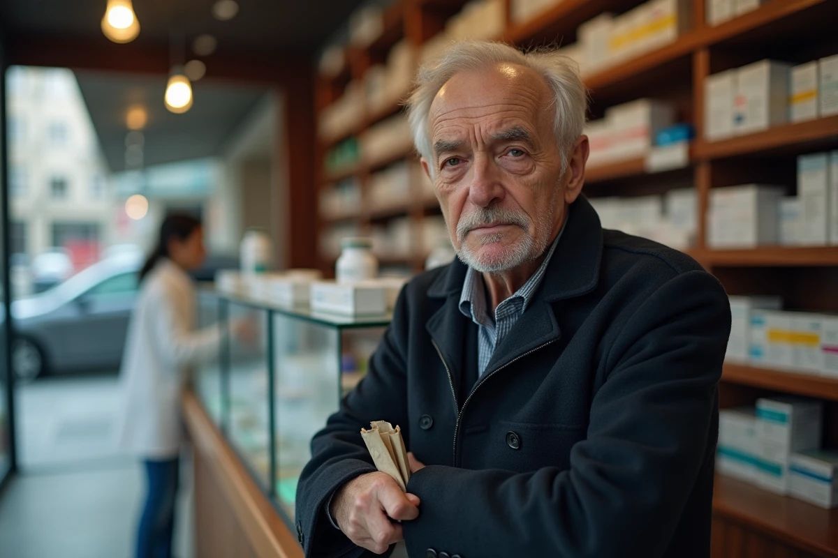 Homme âgé retirant une ordonnance dans une pharmacie française, évoquant le parcours médical lié à la maladie d'André Louis Auzière