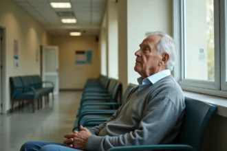 Homme âgé assis seul dans une salle d'attente d'hôpital, air pensif et fatigué, illustrant la maladie d'André Louis Auzière