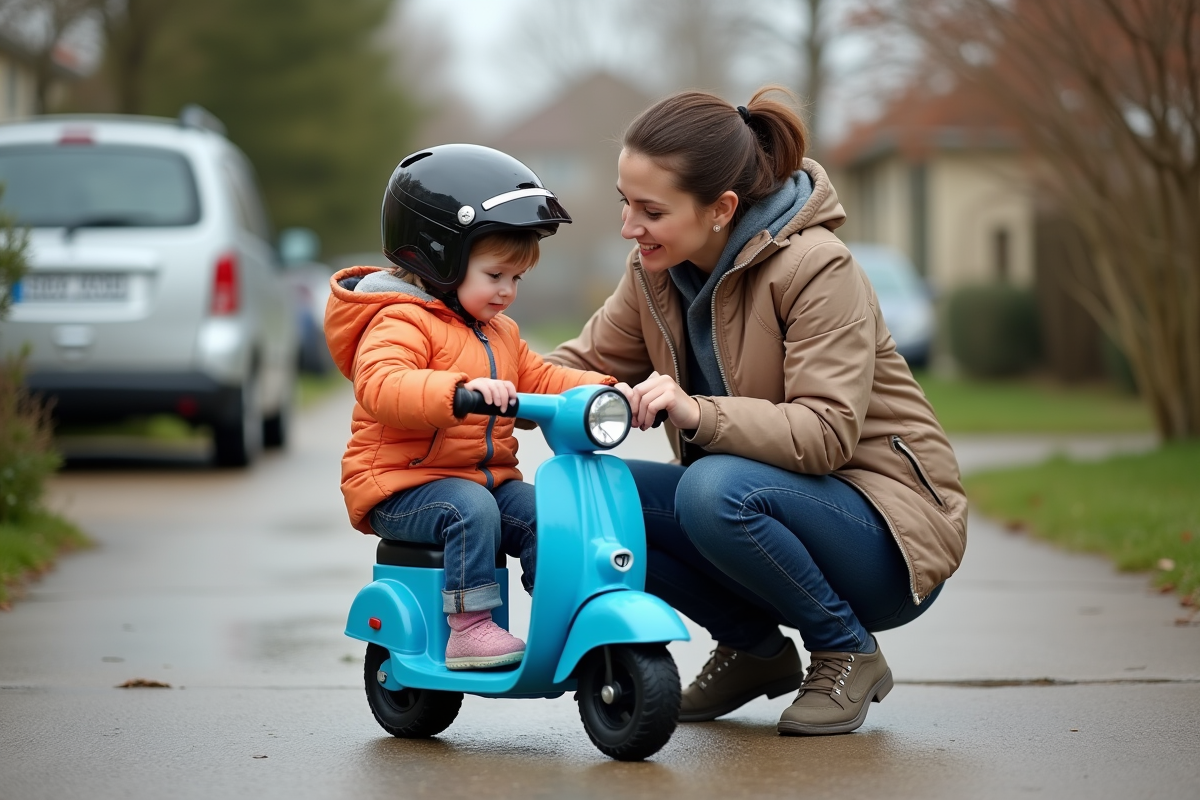 Maman aidant sa fille de 6 ans à ajuster son casque sur une mini moto