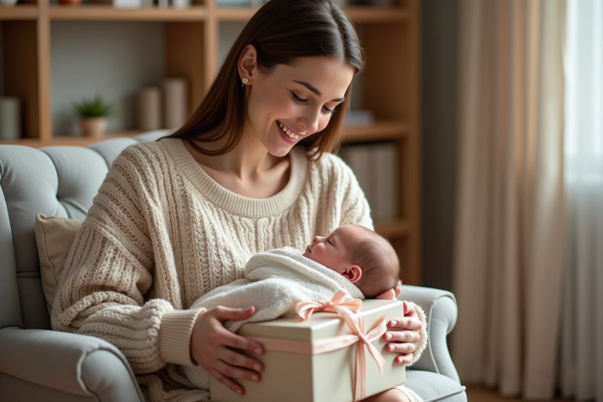 Jeune maman souriante avec bébé et cadeau de naissance