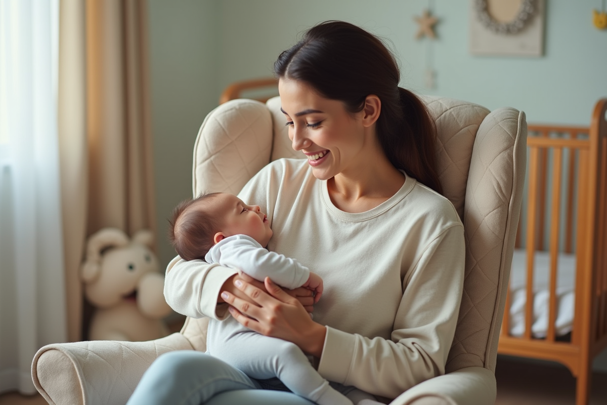 Jeune maman tenant son bébé endormi dans une nurserie calme