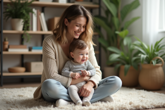 Jeune maman souriante avec son bébé dans un salon chaleureux