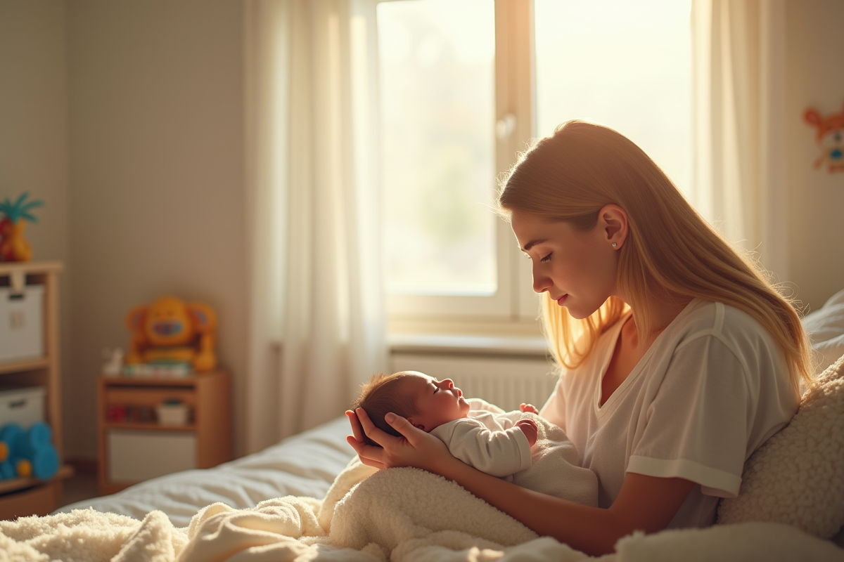 Jeune maman tenant son bébé dans une nurserie lumineuse