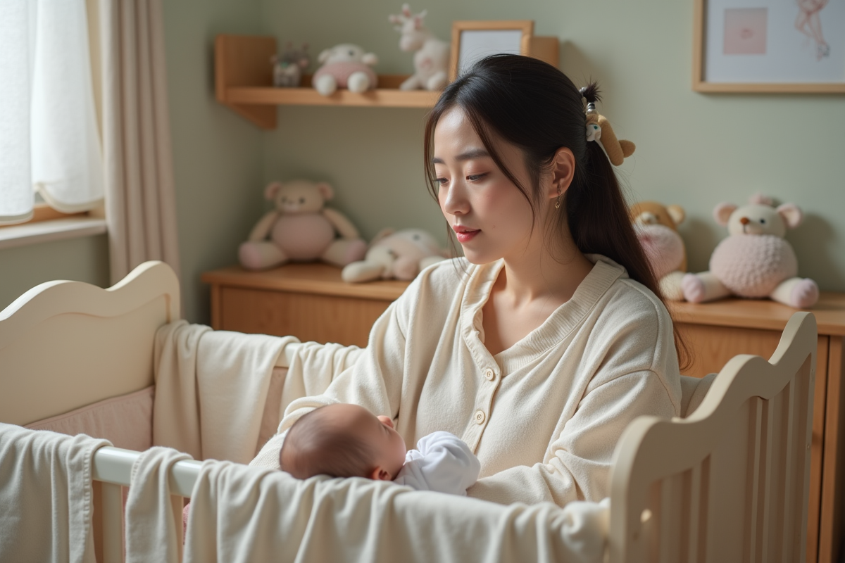Jeune maman dans la nurserie observe son bébé