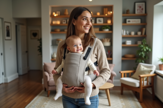 Jeune maman portant son bébé dans un porte-bébé en intérieur