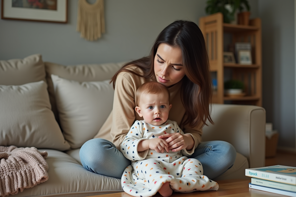 Maman réconfortant sa fille dans un salon cosy