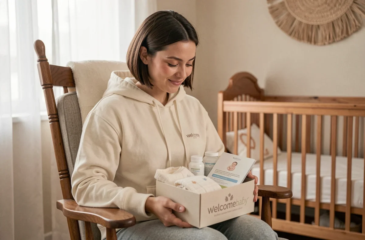 Jeune maman tenant une boîte cadeau naissance gratuite dans une chambre bébé décorée avec soin