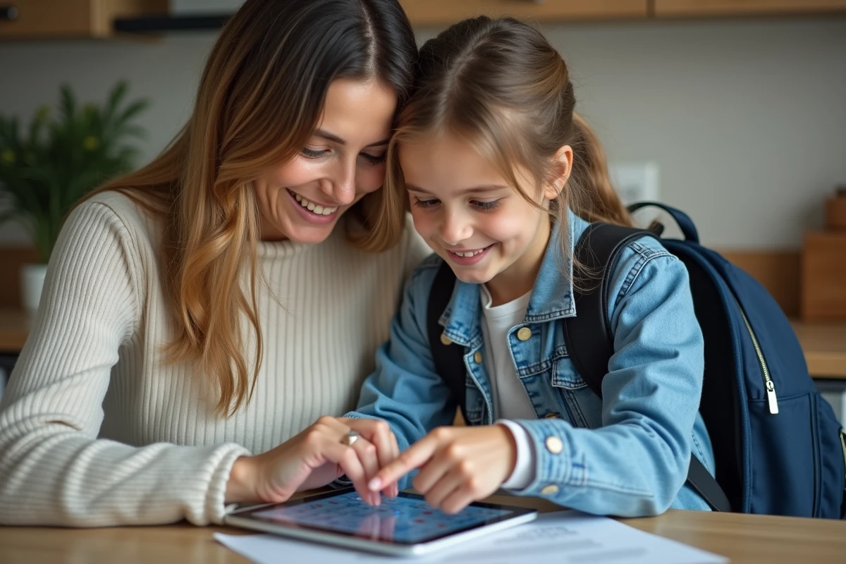 Mère et fille organisant leur emploi du temps avec une tablette