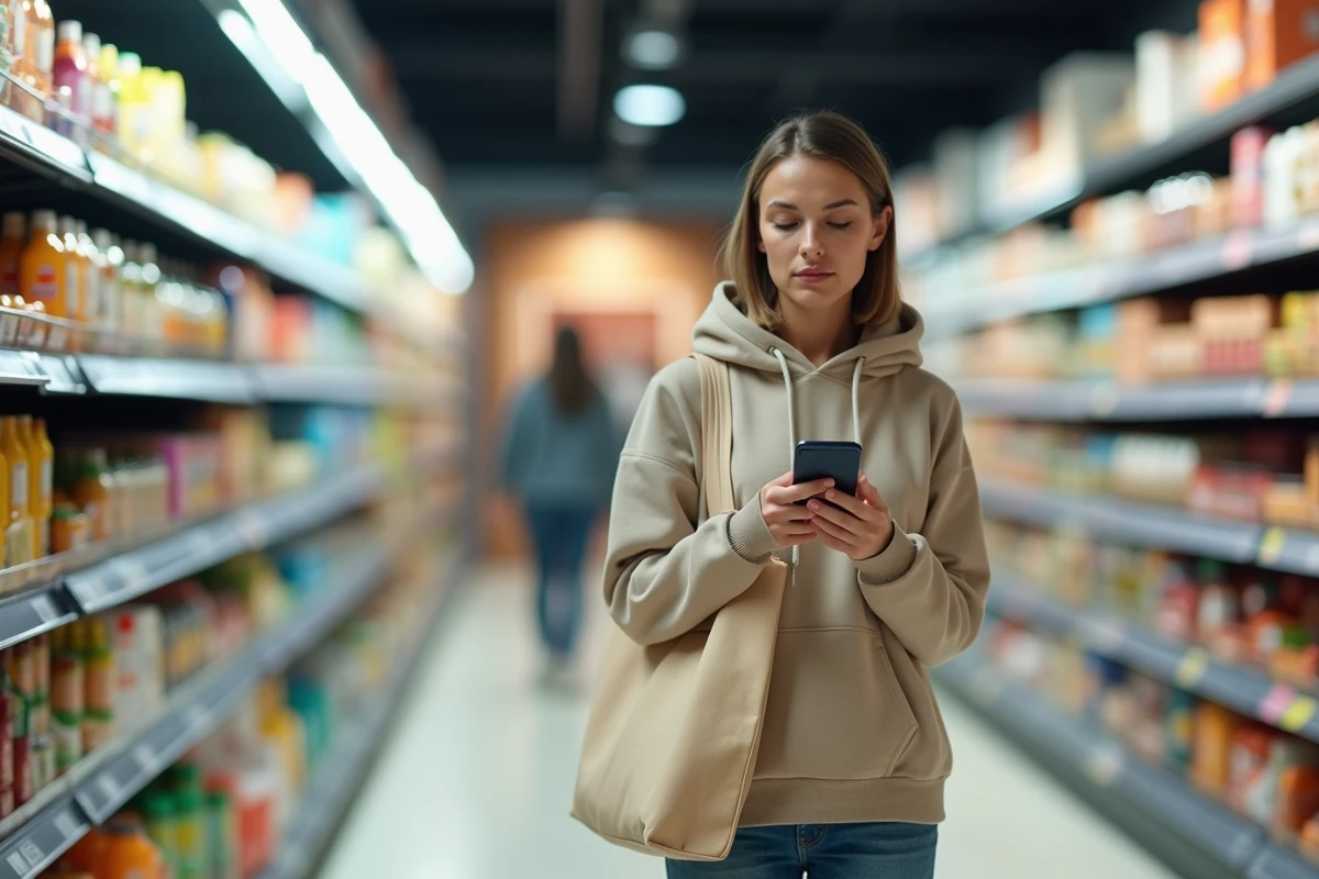 Maman au supermarché consultant sa liste de courses sur smartphone dans une allée de produits