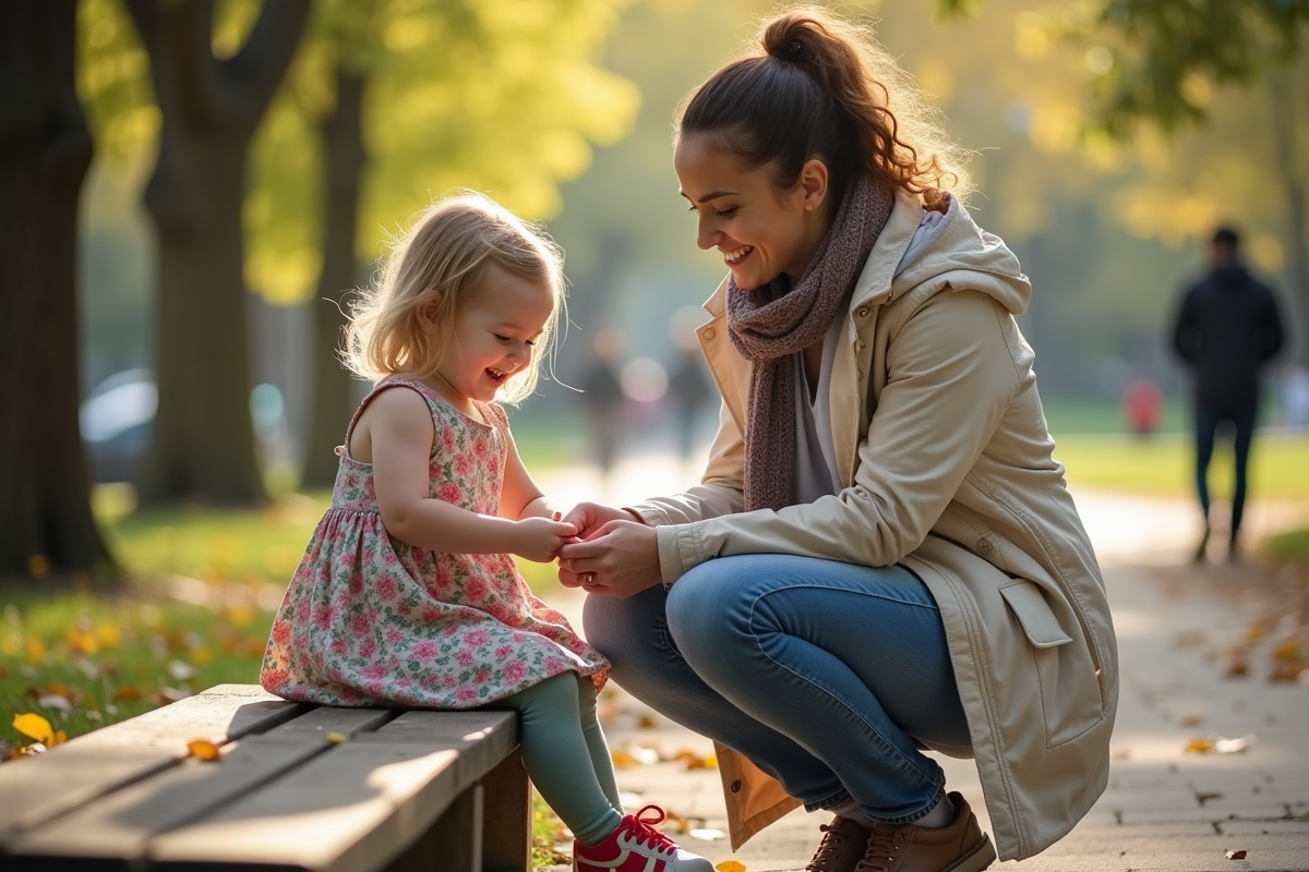 Maman aidant sa fille à lacer ses chaussures dans un parc en automne