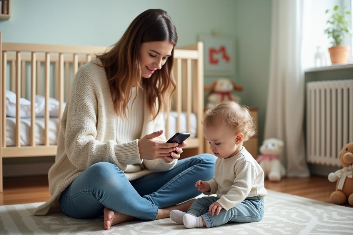 Maman et enfant utilisant un smartphone dans la chambre d