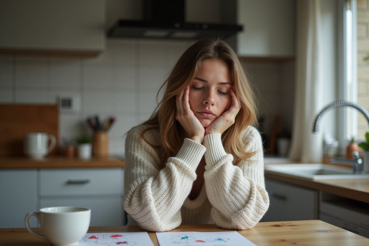 Maman fatiguée assise à la cuisine avec un air épuisé