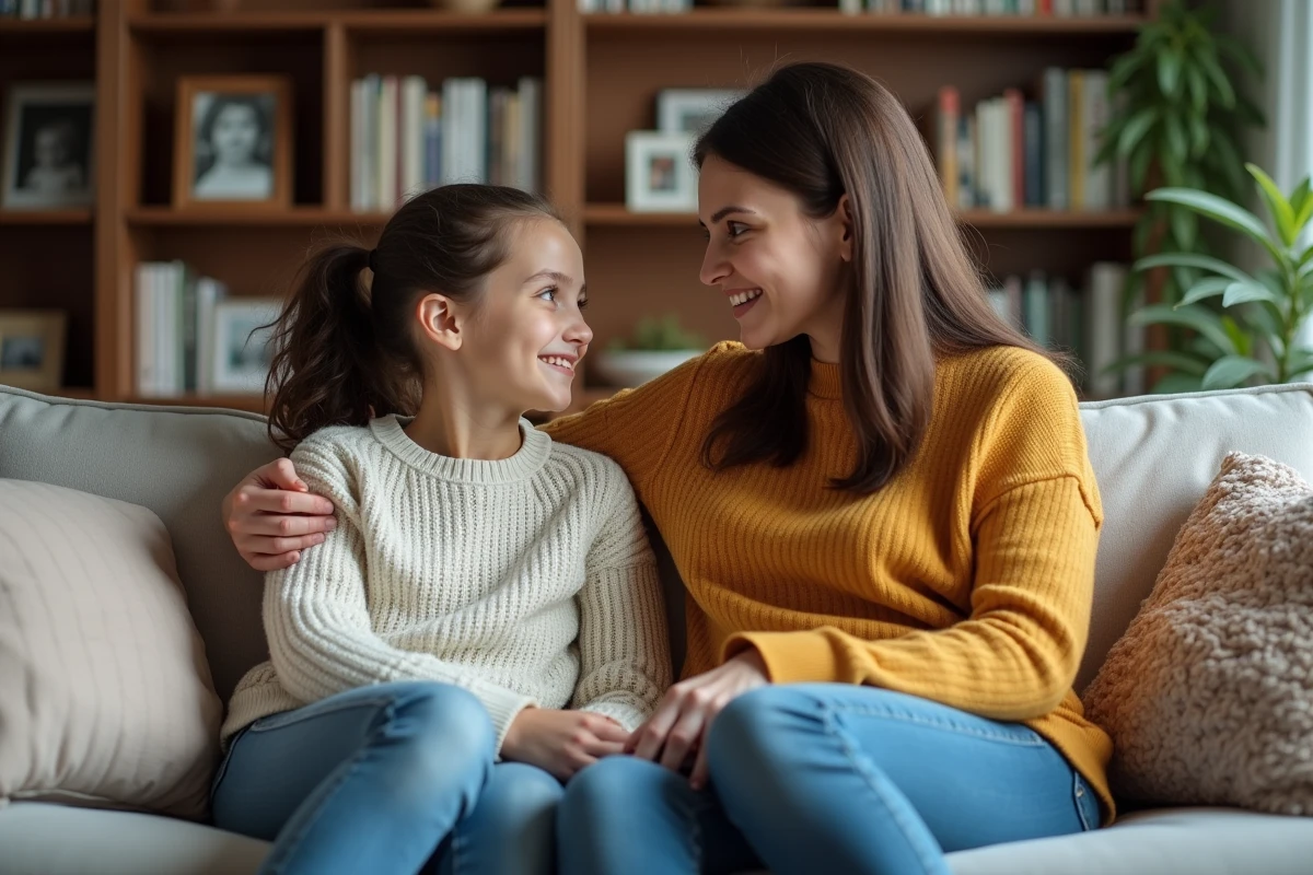Maman et fille discutent chaleureusement sur le canapé