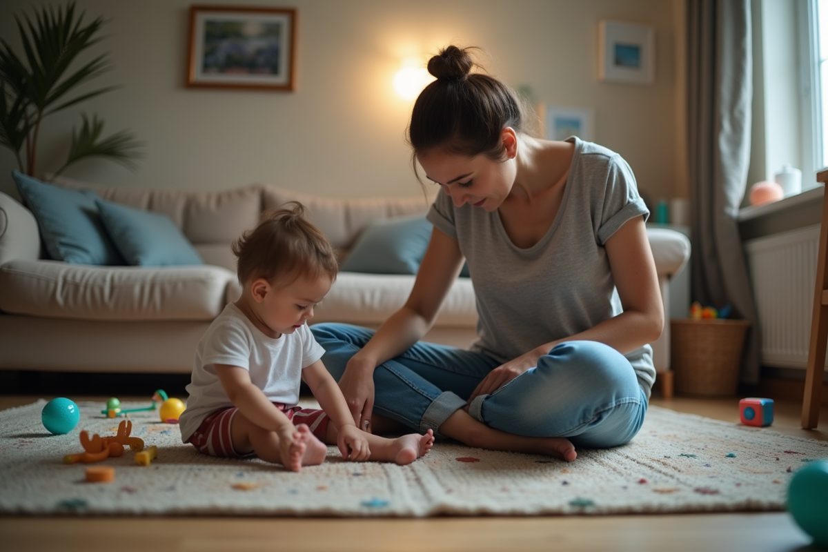 Jeune maman avec son enfant jouant dans le salon