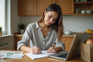Maman assise à la table de cuisine en train d'organiser son planning d'achats avec un carnet et un ordinateur portable