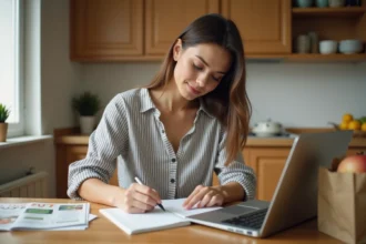 Maman assise à la table de cuisine en train d'organiser son planning d'achats avec un carnet et un ordinateur portable