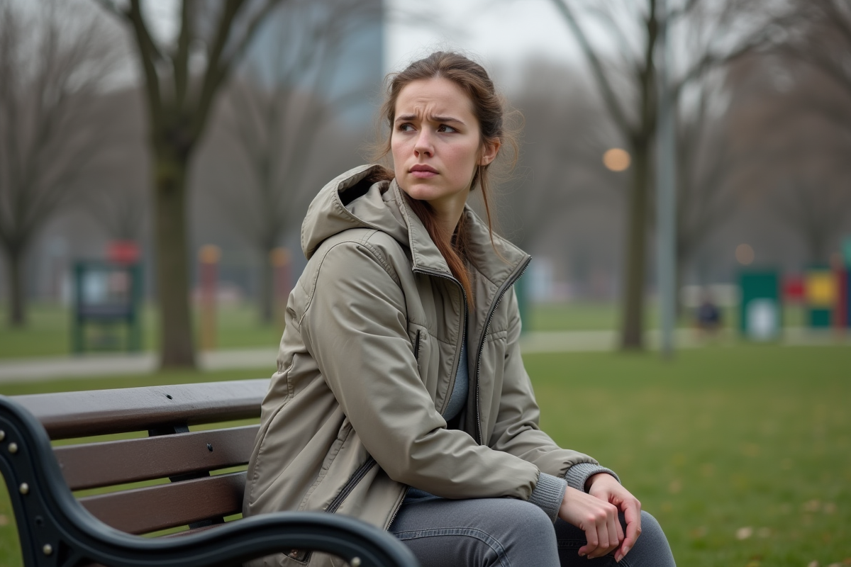 Jeune maman assise seule sur un banc de parc