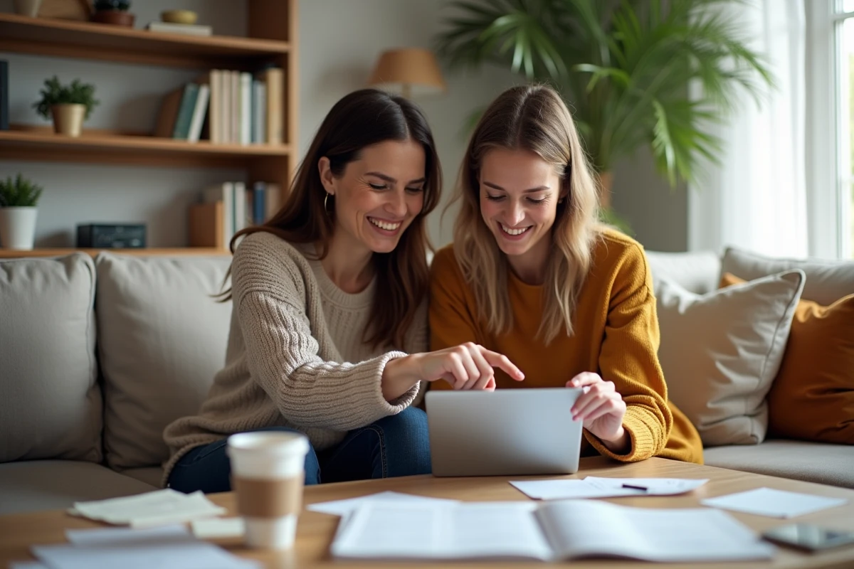 Deux mamans planifiant ensemble leurs achats hebdomadaires avec une tablette et des notes dans un salon