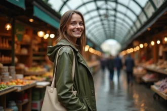 Femme en imperméable vert visitant un marché couvert parisien sous la pluie le week-end