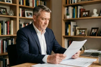 Homme discret travaillant dans son bureau privé, loin des médias et des projecteurs