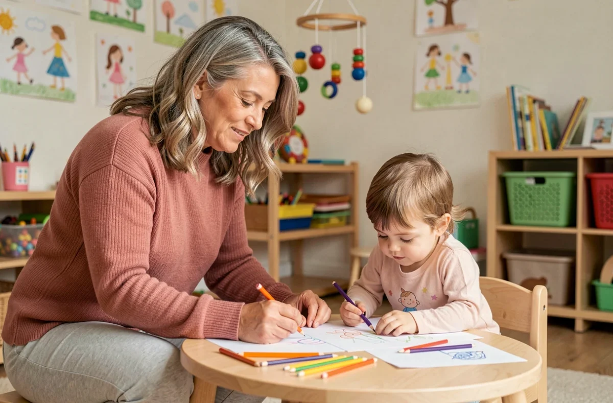 Marie-Claire Leclancher, assistante maternelle à Oullins, faisant du dessin avec un enfant autour d'une table ronde avec des crayons de couleur