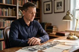 Homme réfléchi devant des photographies de famille anciennes et des lettres manuscrites dans un bureau chaleureux