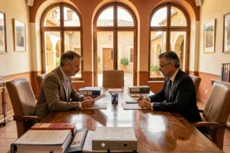 Salle de réunion d'un cabinet d'avocats en Occitanie, deux professionnels examinant des documents juridiques liés au divorce