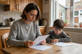 Mère célibataire examinant des documents administratifs avec son enfant à ses côtés dans une cuisine modeste