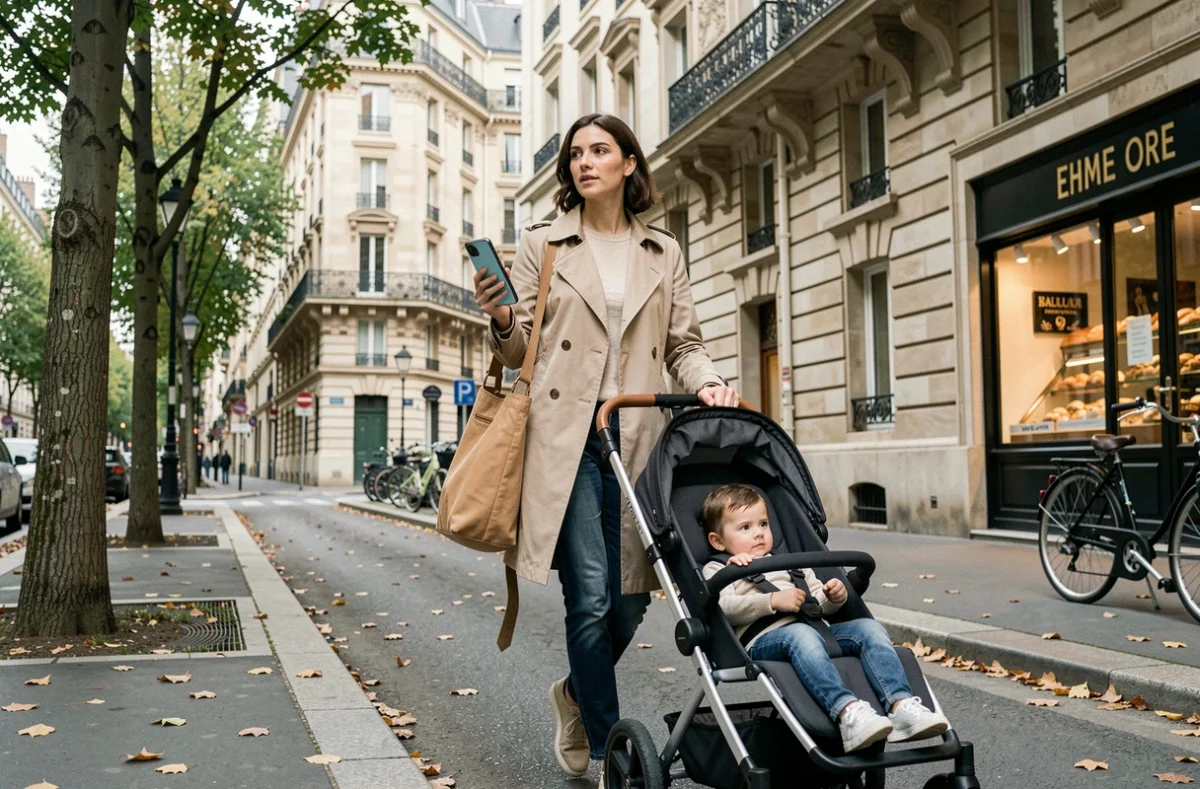 Jeune mère célibataire se déplaçant en ville avec son enfant en poussette tout en consultant des aides en ligne