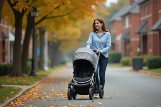 Mère poussant une triple poussette sur un trottoir résidentiel en automne, idéale pour les familles avec triplés ou enfants rapprochés
