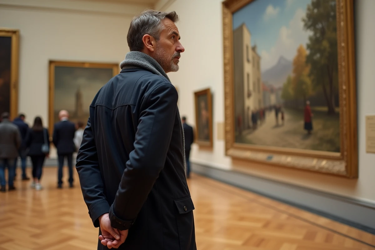 Homme admirant une peinture impressionniste dans un musée en Île-de-France un jour de pluie