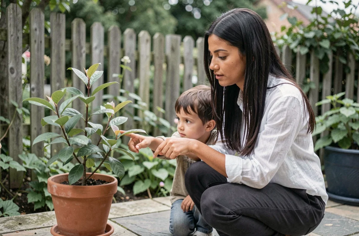 Nesma Belkacem, assistante maternelle à Clermont-Ferrand, explorant la nature avec un enfant sur la terrasse en observant des plantes en pot