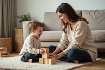 Jeune nounou souriante jouant avec un tout-petit sur le tapis du salon familial