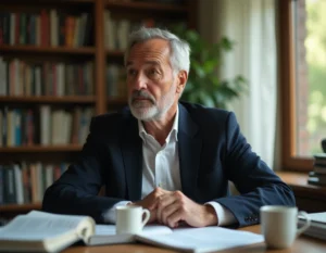 Homme d'affaires réfléchi dans son bureau à domicile, symbolisant l'équilibre entre vie professionnelle et vie privée