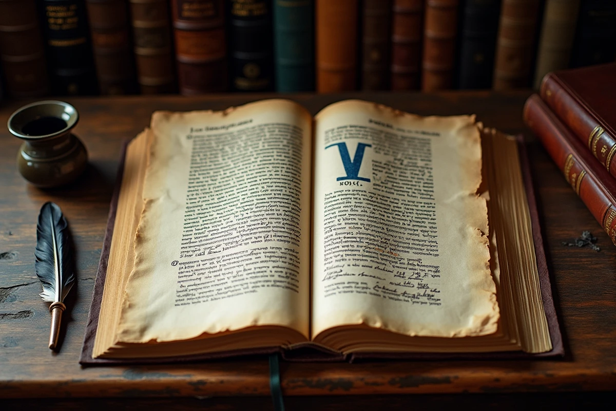 Manuscrit hébreu ancien ouvert avec un extrait de naissance français portant le prénom Noah posé dessus sur un bureau en chêne