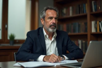 Homme réfléchi assis à un bureau en bois dans un bureau à domicile chaleureux, illustrant la curiosité du public sur les origines familiales et la vie privée