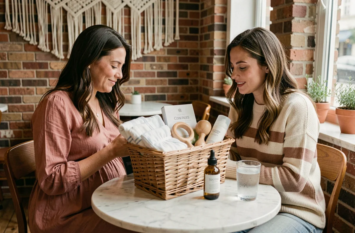 Deux amies dont une femme enceinte découvrant un panier cadeau baby shower pratique et original dans un café chaleureux